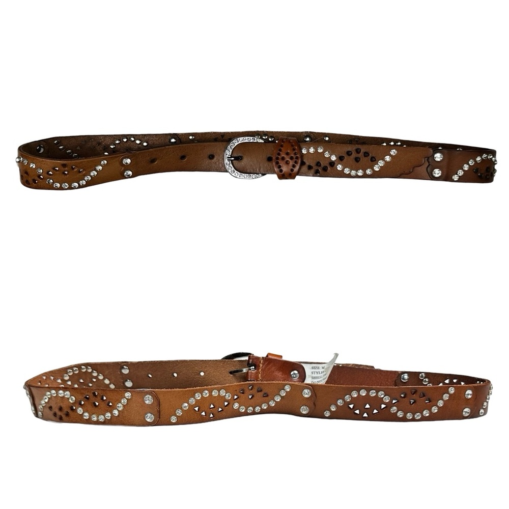 Brown Bling Perforated Leather Studded Rhinestone Gorgeous Belt Size Medium